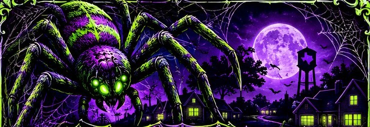 A giant purple and green spider crawls over a moonlit suburban street with glowing windows and a water tower.
